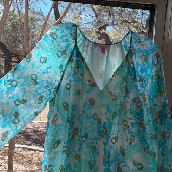 Lily Pulitzer silk tunic dress with blue floral and metallic pattern, spring! - Picture 3 of 10